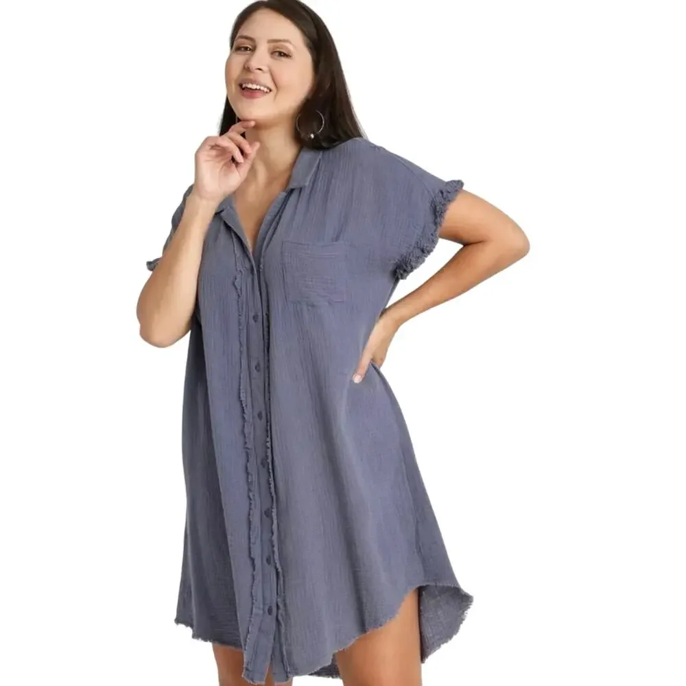 Umgee Shirt Dress Crinkle Fabric M Raw Edges Short Sleeve